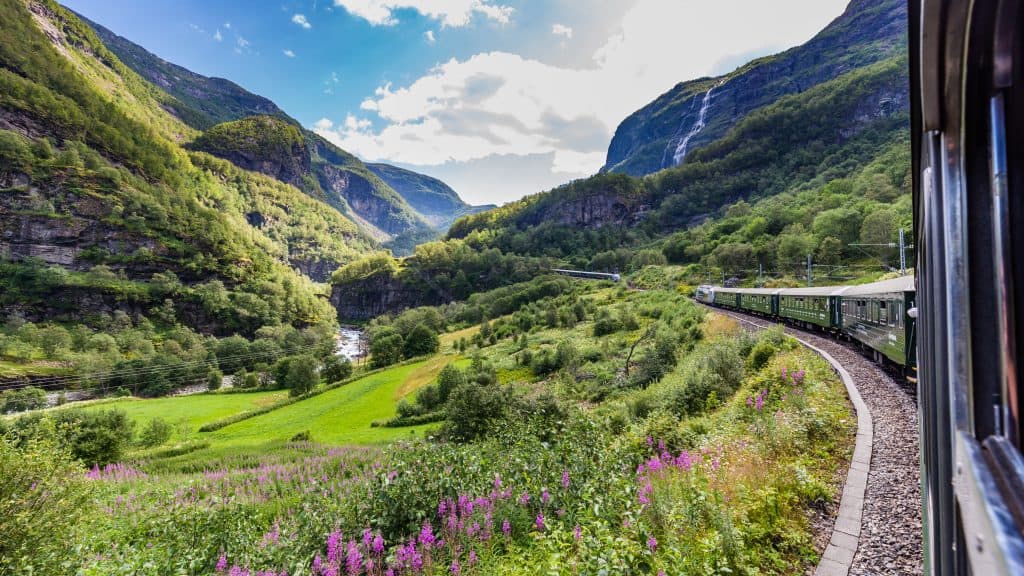 Uitzicht op een vallei vanuit de Flåmsbana trein in Noorwegen